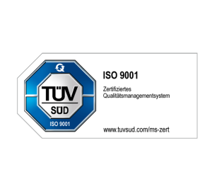 Das Logo der ISO 9001-Zertifizierung von TÜV Süd. Neben diesen beiden Informationen steht darauf noch: Zertifiziertes Qualitätsmanagementsystem. Am unteren Rand ist zudem der Link zur TÜV-SÜD-Seite angegeben, zu der das Logo als Link auch führt: www.tuvsud.com/ms-zert.